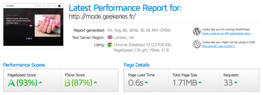 GTMetrix Après WP ROCKET