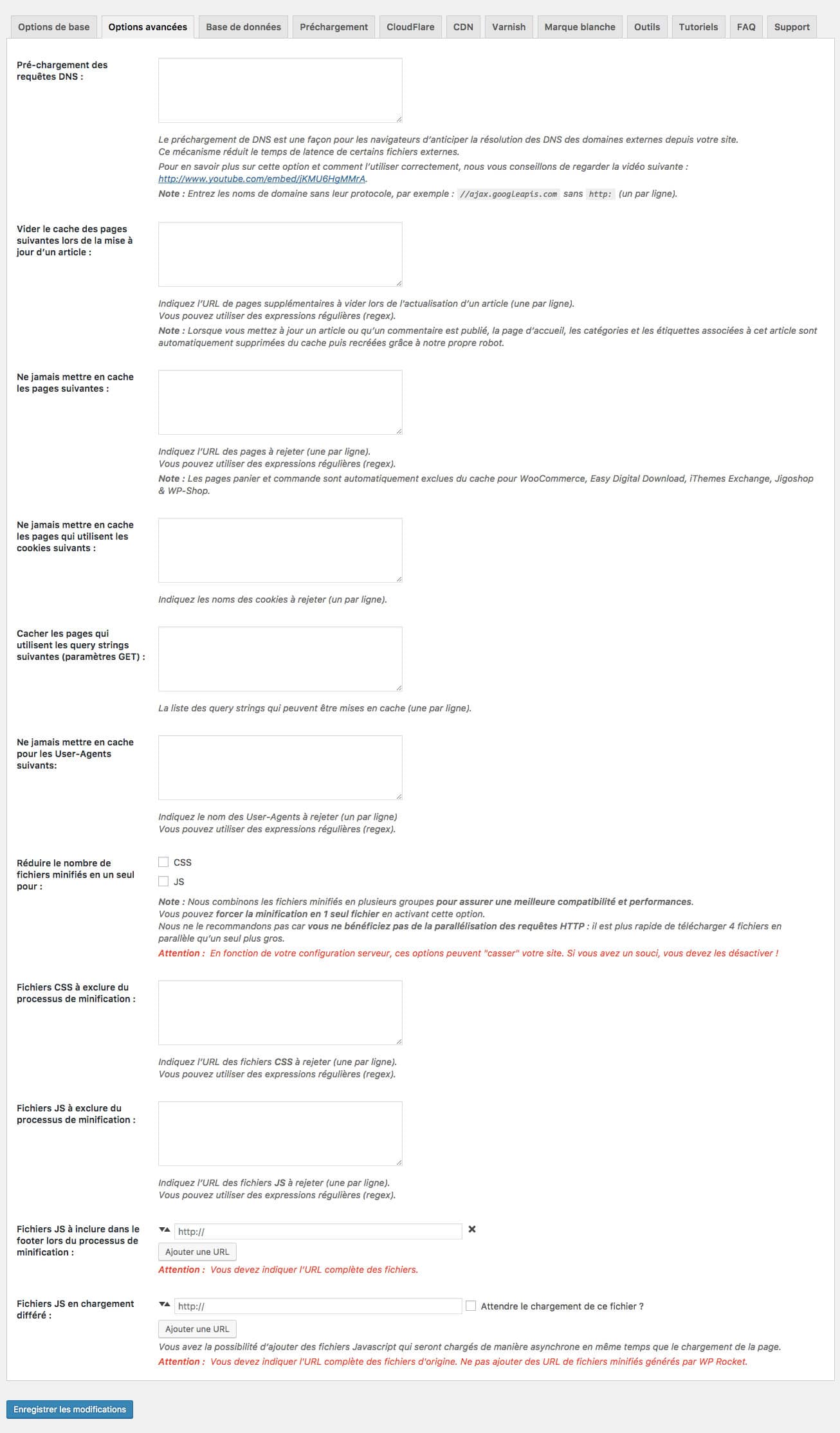 Options Avancées WP ROCKET